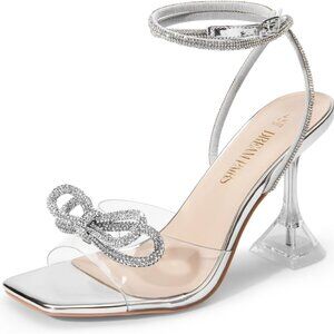 Women’s Rhinestone Bow Heels Clear Crystal Strappy High Sandals for Party